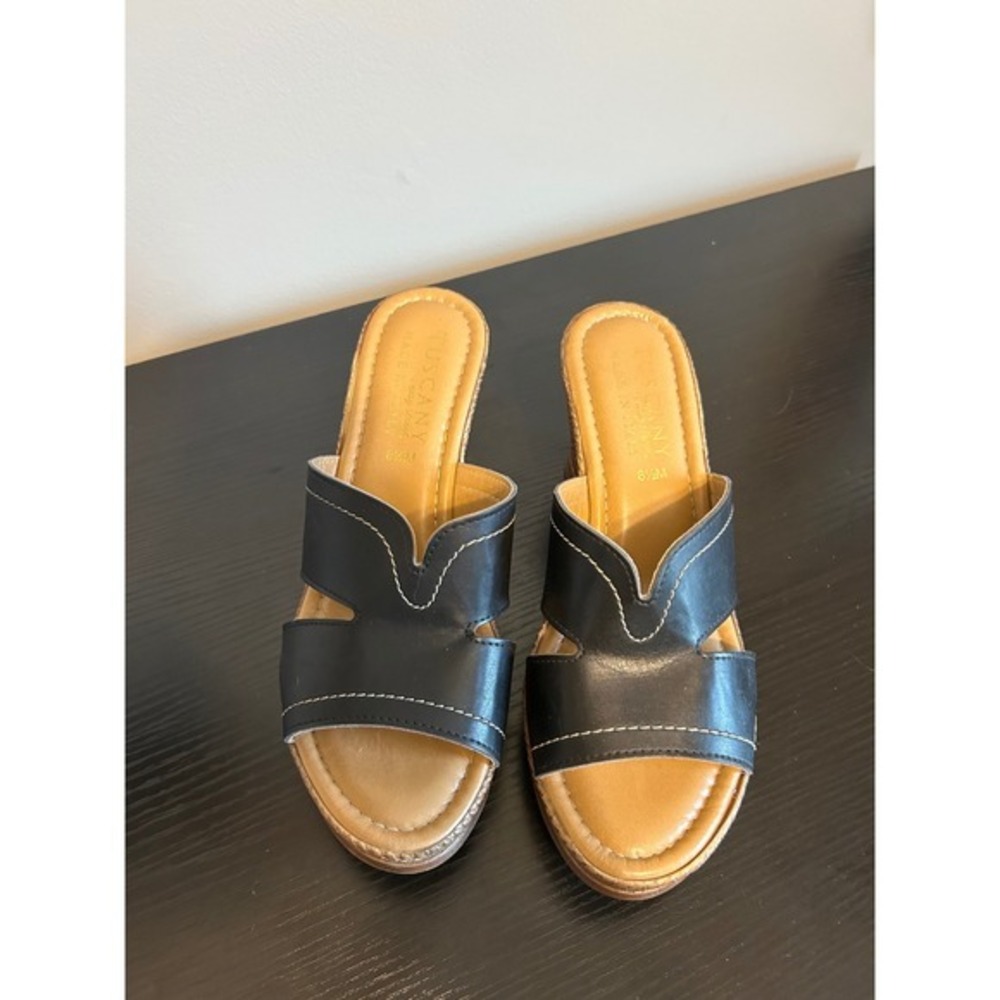Tuscany Made in Italy Black Leather Wedge Mules Slides Women's 8.5M